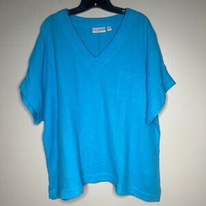 Belle Beach by Kim Gravel 100% Cotton Gauze Top XL Short Sleeve Pullover Blue